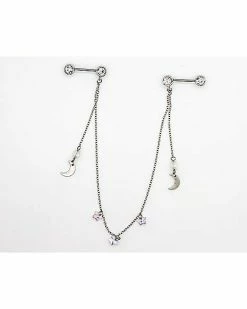 Outlet 🤩 CZ Star and Moon Chain Nipple Barbells - 14 Gauge ✔️