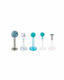 Cheap 🎁 Multi-Pack Pave Glitter CZ Teal Labret Lip Rings 5 Pack - 16 Gauge 🧨