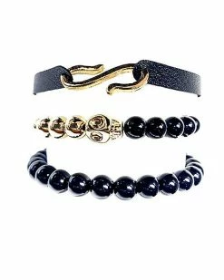 Buy 🔔 Multi-Pack Goldtone Skull Black Beaded Bracelets - 3 Pack ⌛