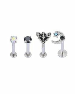 Discount 💯 Multi-Pack CZ Moth Moon and Star Labret Lip Rings 4 Pack - 16 Gauge 🌟