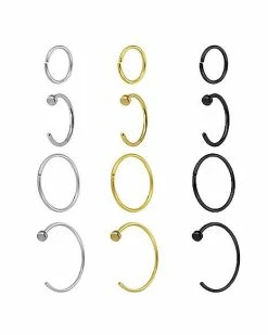 Wholesale 👏 Multi-Pack Silvertone Goldtone and Black Hoop and Half Hoop Nose Rings 12 Pack - 20 Gauge 👍 -Playboy Shop 03985496 b