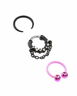 Brand new ⌛ Multi-Pack CZ Chain Dangle Pincher and Horseshoe Septum Rings 3 Pack - 16 Gauge ✔️ -Playboy Shop 03985611 c