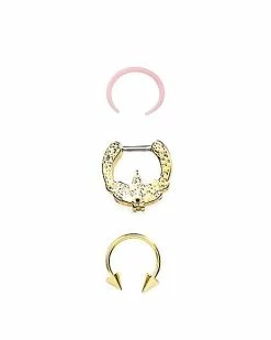Coupon 👏 Multi-Pack CZ Goldtone Weed Leaf Septum Rings 3 Pack - 16 Gauge 🎉 -Playboy Shop 03985629 d