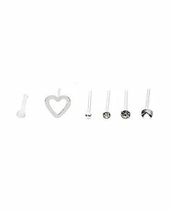 Outlet 😀 Multi-Pack CZ Pink Heart Bone Nose Rings 6 Pack - 20 Gauge 💯