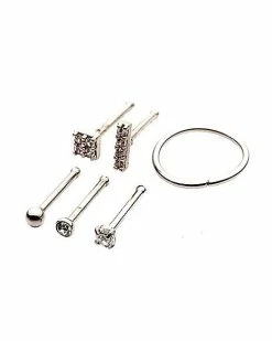 Discount 🌟 Multi-Pack CZ Silvertone Square Bone Nose Rings and Hoop Nose Ring 6 Pack - 20 Gauge ❤️ -Playboy Shop 03985876 b