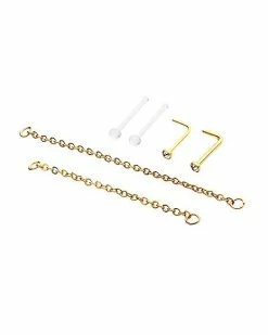 Deals 🔥 Multi-Pack CZ Goldplated L-Bend Nose Rings and Nose Chains 2 Pair - 18 Gauge 🎉 -Playboy Shop 03985926 b