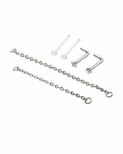 Best Sale 🤩 Multi-Pack Prong CZ L-Bend Nose Rings and Nose Chains 2 Pair - 18 Gauge 👍 -Playboy Shop 03985959 b