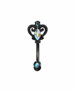 Best Sale ⌛ CZ Black Ornate Key Reverse Belly Ring - 14 Gauge 🥰
