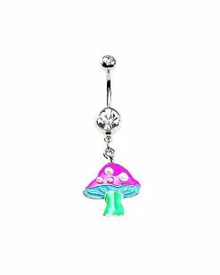 Wholesale 🔔 CZ Pink and Green Trippy Mushroom Dangle Belly Ring - 14 Gauge 🌟