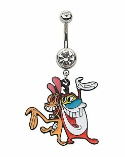 New 😉 CZ Ren and Stimpy Dangle Belly Ring 14 Gauge - The Ren & Stimpy Show 🥰