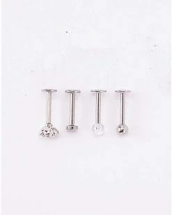 Promo π Multi-Pack Clear CZ and Flower Labret Lip Rings 4 Pack - 16 Gauge π