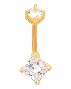 Deals 🤩 CZ Double Square Gem Goldtone Titanium Belly Ring - 14 Gauge 🤩