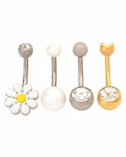 Hot Sale ✨ Multi-Pack CZ Daisy Belly Rings 4 Pack - 14 Gauge 🔔