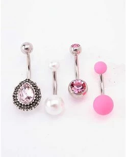 Cheapest 🤩 Multi-Pack Pink CZ and Teardrop Belly Rings 4 Pack - 14 Gauge ✔️