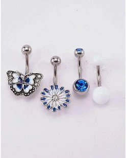 Outlet 💯 Multi-Pack Blue CZ Butterfly and Flower Belly Rings 4 Pack - 14 Gauge 😉