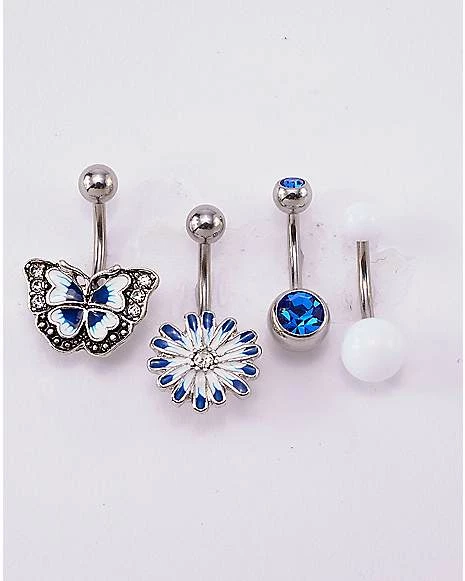 Outlet π― Multi-Pack Blue CZ Butterfly and Flower Belly Rings 4 Pack - 14 Gauge π 3 Outlet π― Multi-Pack Blue CZ Butterfly and Flower Belly Rings 4 Pack - 14 Gauge π