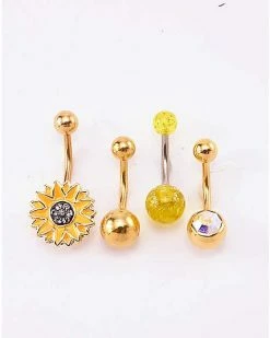 Buy ✨ Multi-Pack CZ Daisy Flower and Glitter Belly Rings 4 Pack - 14 Gauge 😀