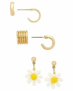 Best Sale 👍 Multi-Pack Goldtone Daisy Hoop Dangle Earrings - 3 Pairs ✔️