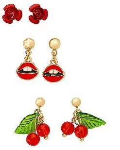 Top 10 👍 Multi-Pack Cherry Lips and Rose Earrings - 3 Pack 🎉