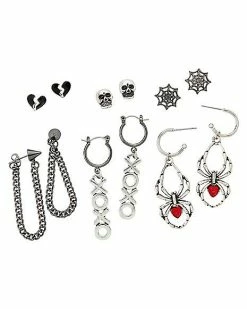 Cheapest 🔔 Multi-Pack Spider Heart Skull Stud and Dangle Earrings - 6 Pair 🎁