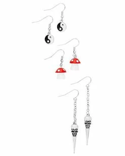 Best Sale ⌛ Multi-Pack Mushroom Yin Yang and Skull Dangle Earrings - 3 Pair ⭐