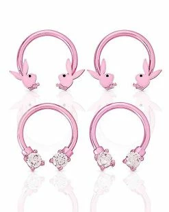 New ❤️ Multi-Pack CZ Pink Playboy Bunny Horseshoe Rings 2 Pair - 16 Gauge 👏