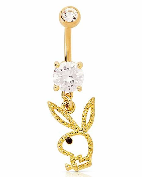 Wholesale π CZ Goldplated Titanium Playboy Cutout Dangle Belly Ring - 14 Gauge β 3 Wholesale π CZ Goldplated Titanium Playboy Cutout Dangle Belly Ring - 14 Gauge β