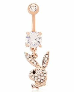 Buy 🛒 CZ Titanium Rose Goldplated Playboy Dangle Belly Ring - 14 Gauge 😍