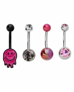 Coupon 🎉 Multi-Pack CZ Pink Melting Smiley Belly Rings 4 Pack - 14 Gauge 🎉