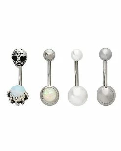 Coupon 🌟 Multi-Pack Opal-Effect Skull and Hand Belly Rings 4 Pack - 14 Gauge 😍