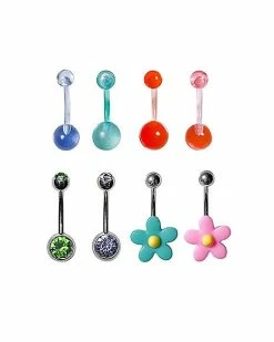 Best Pirce ✔️ Multi-Pack CZ Multi-Color Flower Belly Rings 8 Pack - 14 Gauge ⌛