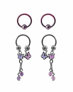Promo 👏 Multi-Pack Pink and Purple Butterfly Horseshoe Rings and Captive Rings 2 Pair - 16 Gauge 🤩