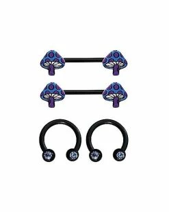Budget ❤️ Multi-Pack CZ Purple Mushroom Horseshoe Rings and Nipple Barbells 2 Pair - 14 Gauge 🥰