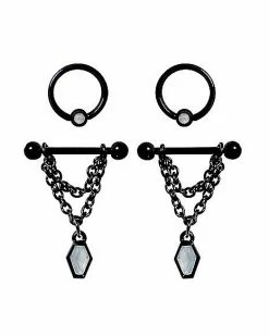 Promo 🤩 Multi-Pack Black CZ Coffin Captive Rings and Chain Dangle Nipple Barbells 2 Pair - 14 Gauge ❤️