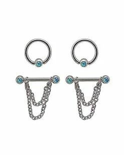 Coupon 🧨 CZ Blue Captive Bead Rings and Chain Dangle Nipple Barbells 2 Pair - 14 Gauge 😍