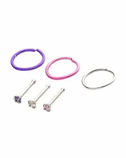 Buy 🎁 Multi-Pack CZ Pink Purple Clear Nose Pins and Hoop Nose Rings 6 Pack - 20 Gauge ✨ -Playboy Shop 04100293 b