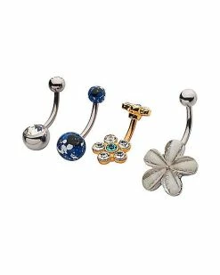 Best Pirce ❤️ Multi-Pack CZ Flower and Splatter Belly Rings 4 Pack - 14 Gauge 🥰 -Playboy Shop 04100392 b