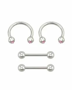 Discount 🎉 Multi-Pack Pink CZ Internally Threaded Horseshoe Rings and Nipple Barbells 2 Pair - 14 Gauge 🔥