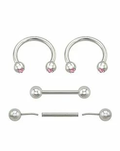 Discount 🎉 Multi-Pack Pink CZ Internally Threaded Horseshoe Rings and Nipple Barbells 2 Pair - 14 Gauge 🔥 -Playboy Shop 04100699 c