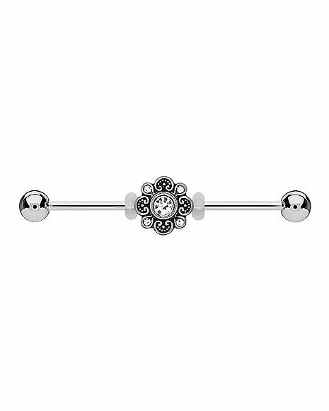 Budget π CZ Black Flower Industrial Barbell - 14 Gauge π― 3 Budget π CZ Black Flower Industrial Barbell - 14 Gauge π―