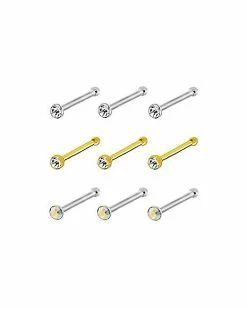 Best deal 🌟 Multi-Pack CZ Goldtone and Silvertone Bone Nose Rings 9 Pack - 20 Gauge 💯