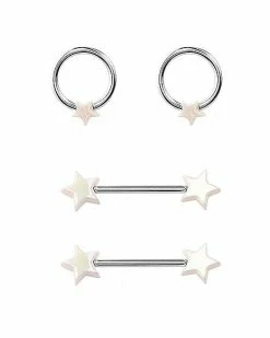 Cheapest 😍 Multi-Pack White Star Captive Rings and Nipple Barbells 2 Pair - 14 Gauge 👏