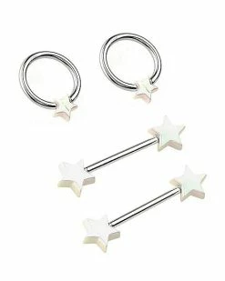 Cheapest 😍 Multi-Pack White Star Captive Rings and Nipple Barbells 2 Pair - 14 Gauge 👏 -Playboy Shop 04101598 c