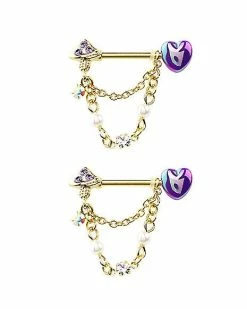 Hot Sale π CZ Heart and Mushroom Goldtone Chain Nipple Barbells - 14 Gauge π