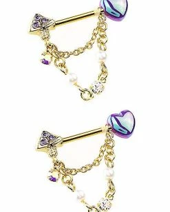 Hot Sale 🛒 CZ Heart and Mushroom Goldtone Chain Nipple Barbells - 14 Gauge 😍 -Playboy Shop 04101614 c
