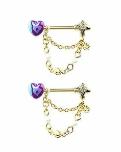 Hot Sale 🛒 CZ Heart and Mushroom Goldtone Chain Nipple Barbells - 14 Gauge 😍 -Playboy Shop 04101614 d