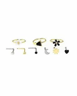 Best deal 🥰 Multi-Pack Black and White Floral Hoop Nose Rings L-Bend Nose Rings and Pin Nose Rings 9 Pack - 20 Gauge 🔔