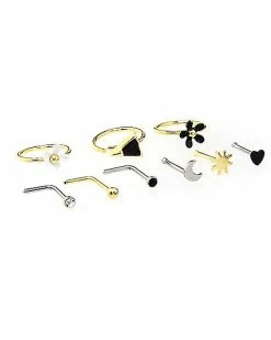 Best deal 🥰 Multi-Pack Black and White Floral Hoop Nose Rings L-Bend Nose Rings and Pin Nose Rings 9 Pack - 20 Gauge 🔔 -Playboy Shop 04101713 c