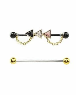 Cheap 👏 Multi-Pack CZ Black and Goldtone Triangle Chain Industrial Barbells 2 Pack - 14 Gauge ❤️