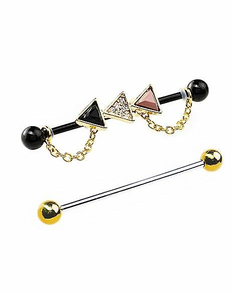 Cheap π Multi-Pack CZ Black and Goldtone Triangle Chain Industrial Barbells 2 Pack - 14 Gauge β€οΈ 4 Cheap π Multi-Pack CZ Black and Goldtone Triangle Chain Industrial Barbells 2 Pack - 14 Gauge β€οΈ - Image 2